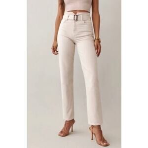 Reformation Cynthia Belted High Rise Straight Jeans in Bone, 27